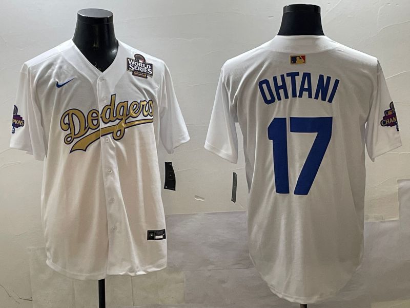 Men Los Angeles Dodgers 17 Ohtani White Champion gold character 2025 Nike MLB Jersey style 33110